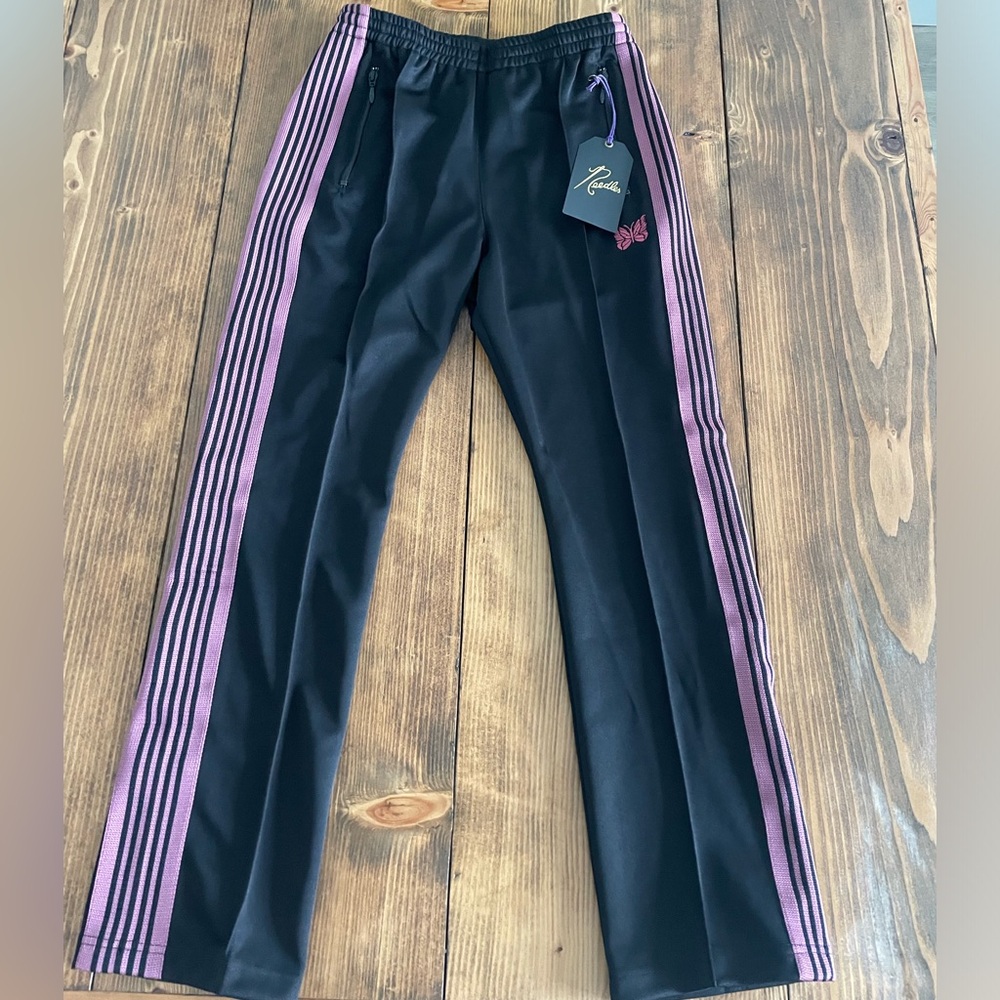 Needles Narrow Track Pant Poly Smooth Black and Pink